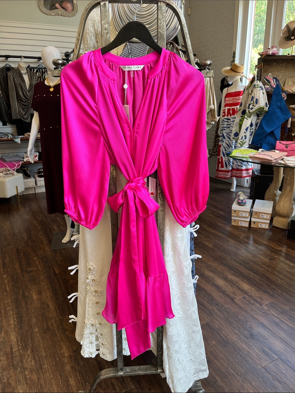 97278 Trina Turk Hot Pink Tie-Front Long Sleeve Midi Dress